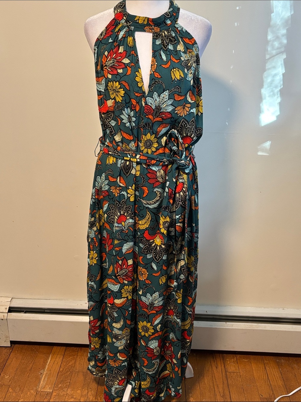 Anthropologie Teal Floral Halter Jumpsuit with Belt